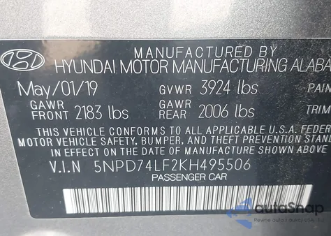 2019 Hyundai Elantra Se z USA, uszkodzony, nr VIN 5NPD74LF2KH495506